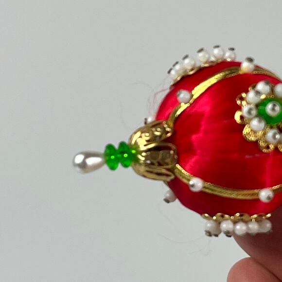 Vintage Handmade Satin Wrapped Beaded Christmas Ornament Pair 2.5‑3″ - Picture 5 of 10